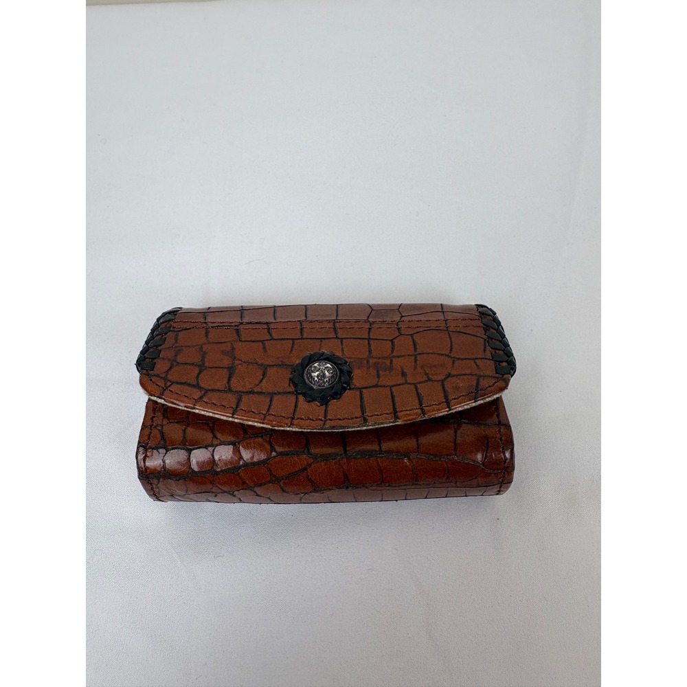 Vintage Brighton Brown Croc Leather Lipstick Case Tapestry Lining Mirror Concho